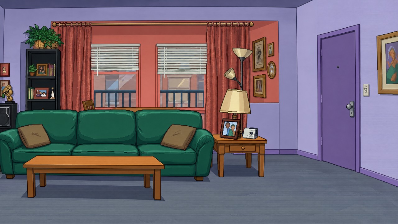 Martin's Apartment stage showing the living room, couch, windows, and apartment door